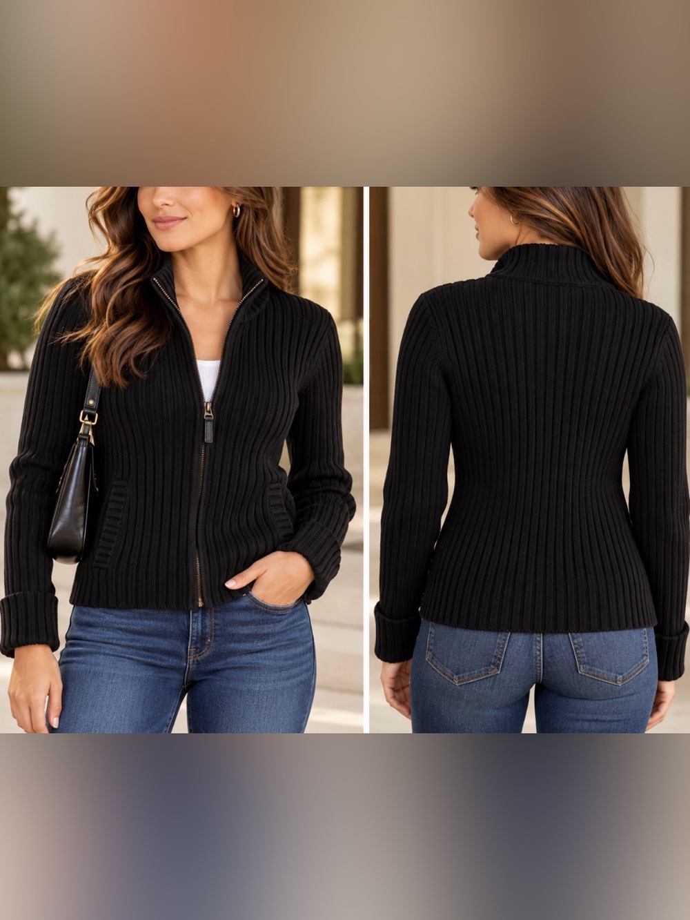 Ralph Lauren Black Ribbed Zip-Front Petite Women's Sweater - Leather zipper pull